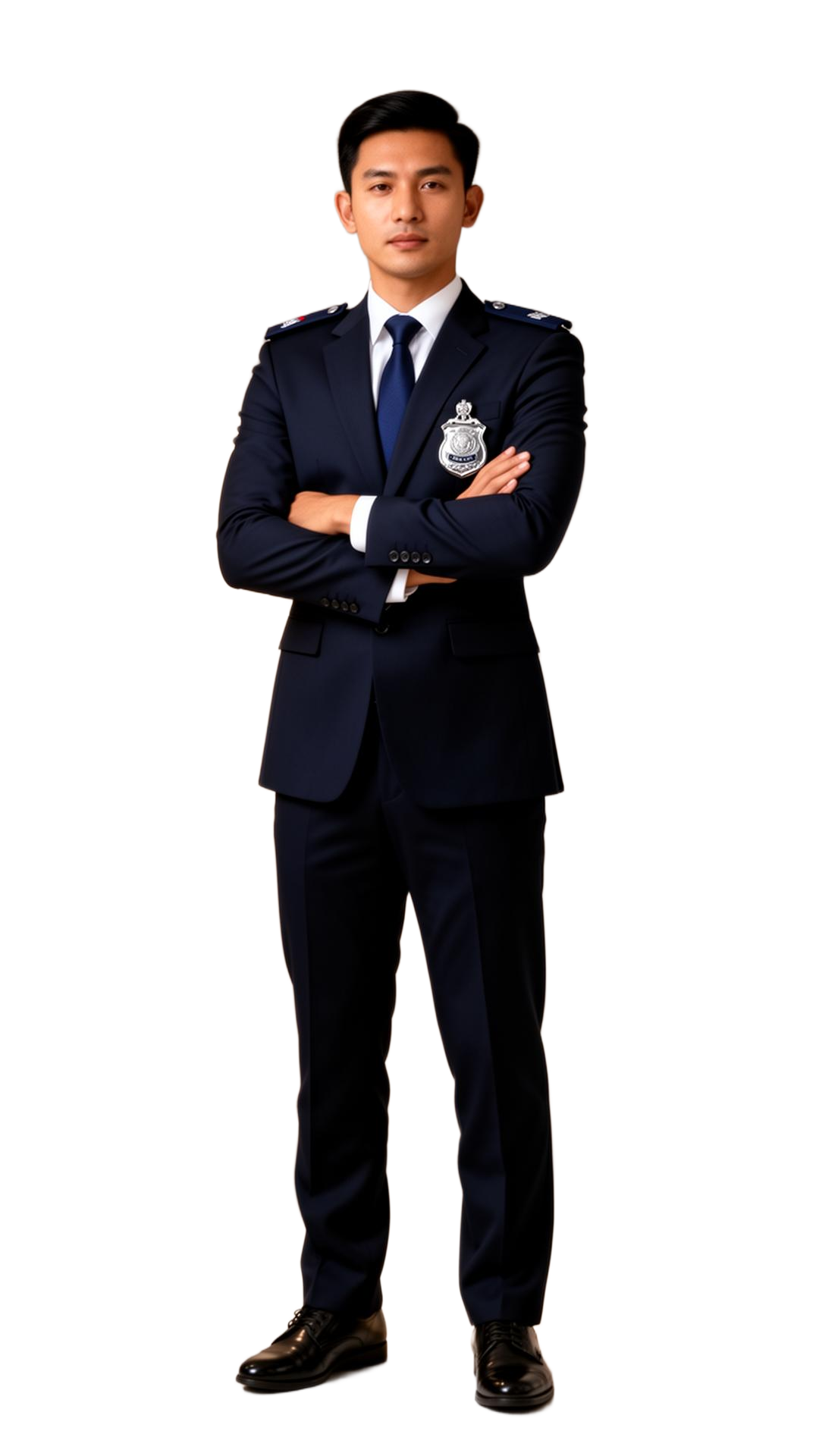Professional Lao security guard in a navy security suit